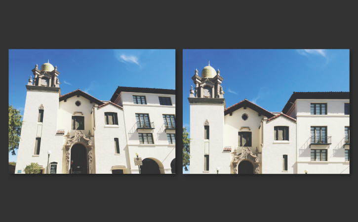 Adobe comparison of a white building: left has sloping tower edges, while the right version has straighter verticals and a changed crop.