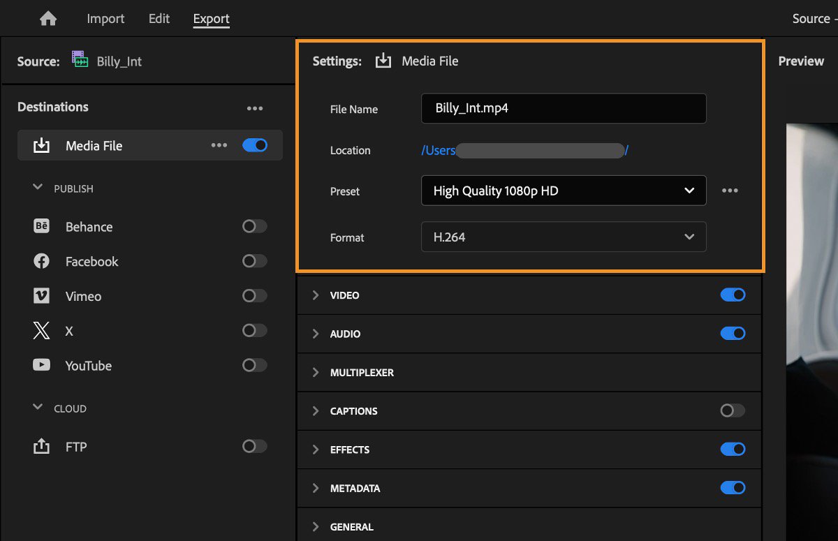 Adobe Premiere Export mode with output name, location, H.264 format, preset and video and audio controls.