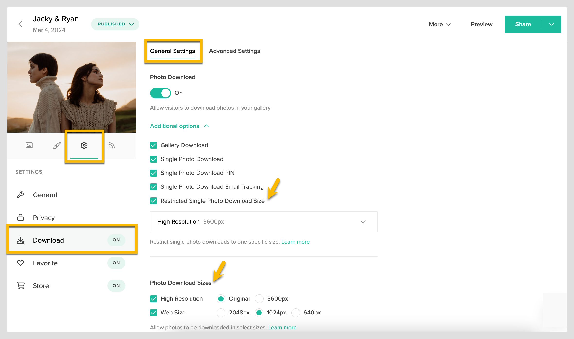 Pixieset's official Download settings screenshot showing single-photo restrictions and gallery resolution choices