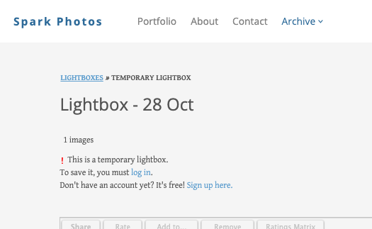 PhotoShelter official help screenshot showing a prompt to log in or create an account to save and share a lightbox