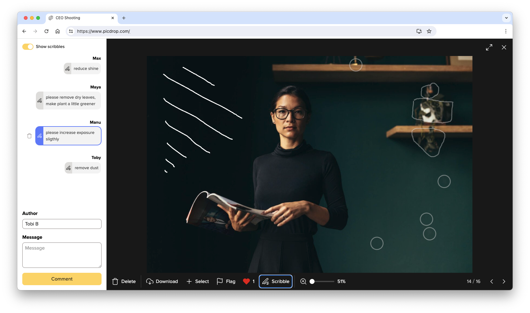 picdrop's official Scribbles example showing marks on a portrait linked to retouch comments