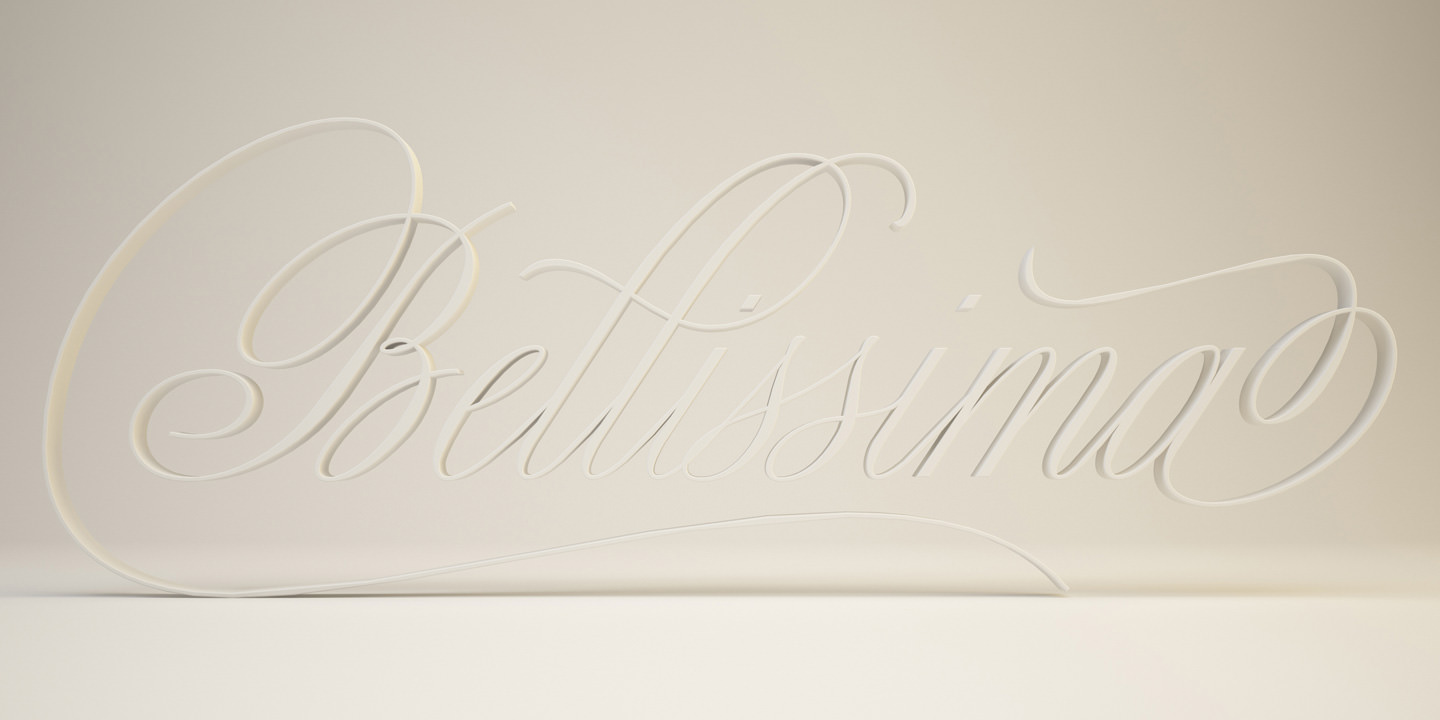 Sudtipos Bellissima promotional specimen showing the word Bellissima with extended calligraphic flourishes