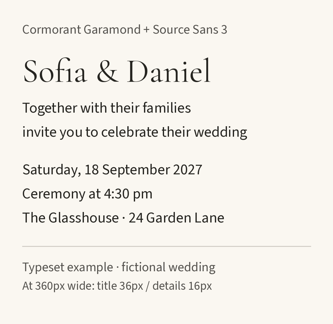 The same fictional wedding invitation text using Cormorant Garamond for Sofia and Daniel and Source Sans 3 for the same details