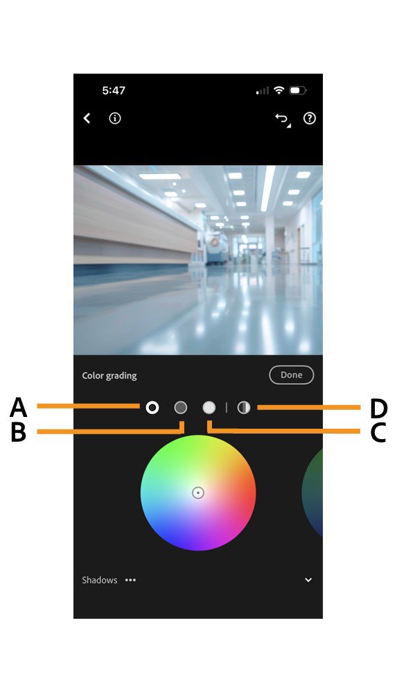 Adobe Lightroom mobile Color Grading screenshot labeled A Shadows, B Midtones, C Highlights and D Global