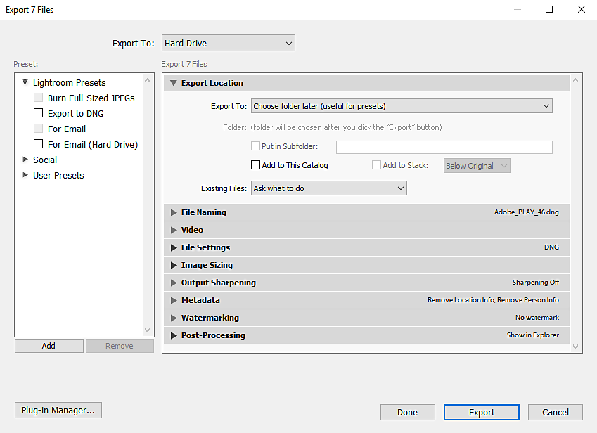 Adobe Lightroom Classic Export dialog with Hard Drive destination and collapsed naming, metadata and watermark sections.