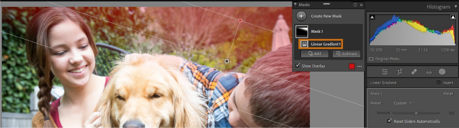 Adobe Lightroom Classic Linear Gradient mask with red overlay and Add and Subtract controls
