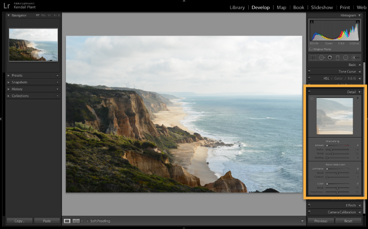 Adobe example showing the Detail panel beside a coastal landscape in Lightroom