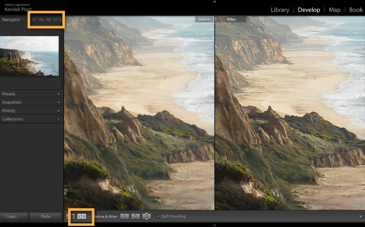 Adobe before and after comparison of a coastal landscape with stronger visible rock and vegetation detail after sharpening