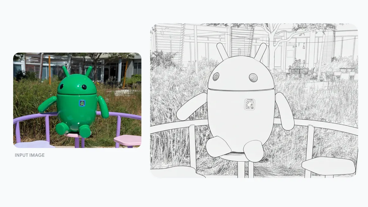 Google example showing an Android figure input photograph on the left and an AI pencil-style rendering on the right