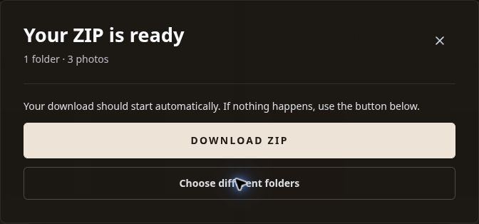 SendPhoto download dialog reading Your ZIP is ready with a Download ZIP button
