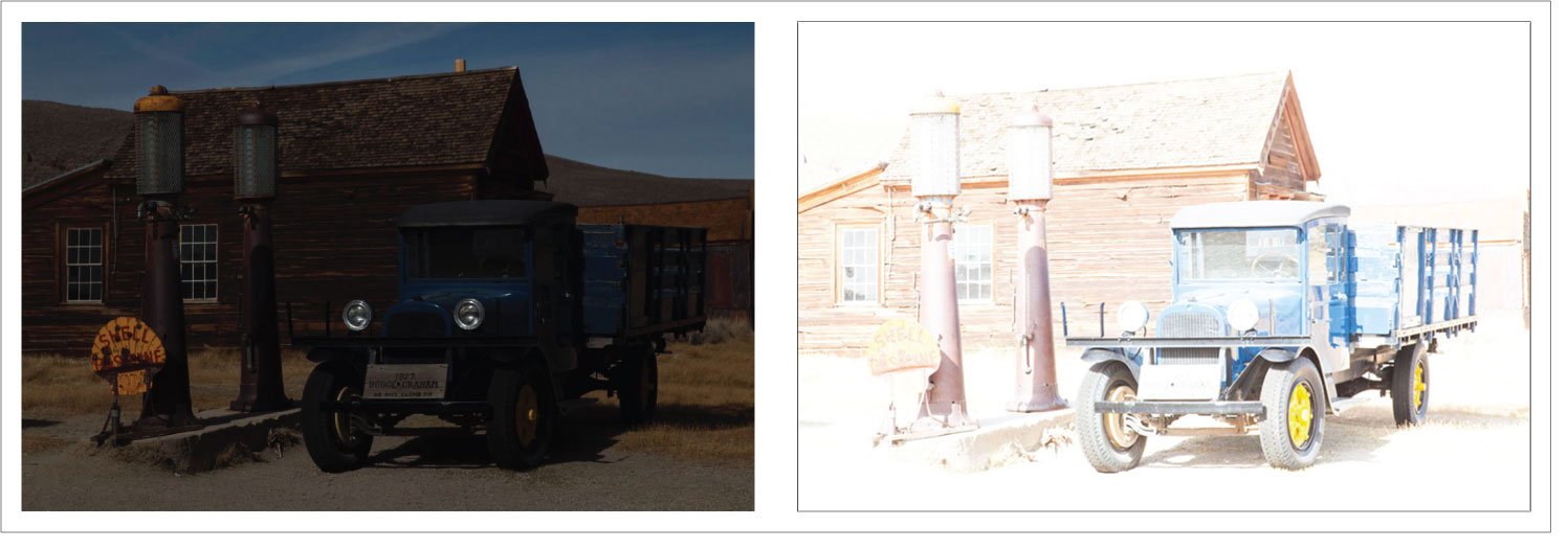 Adobe exposure example showing a blue truck and wooden building in a dark frame on the left and a bright frame on the right