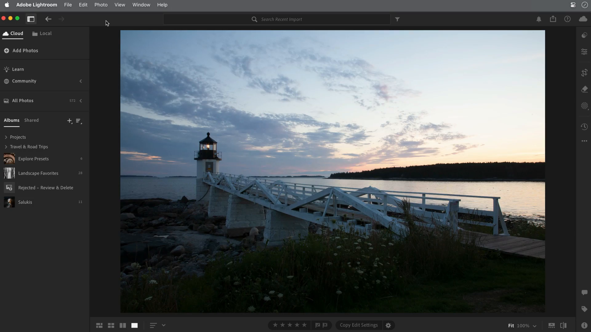 Adobe lighthouse photograph before editing, with a dark rocky foreground and pale sunset sky