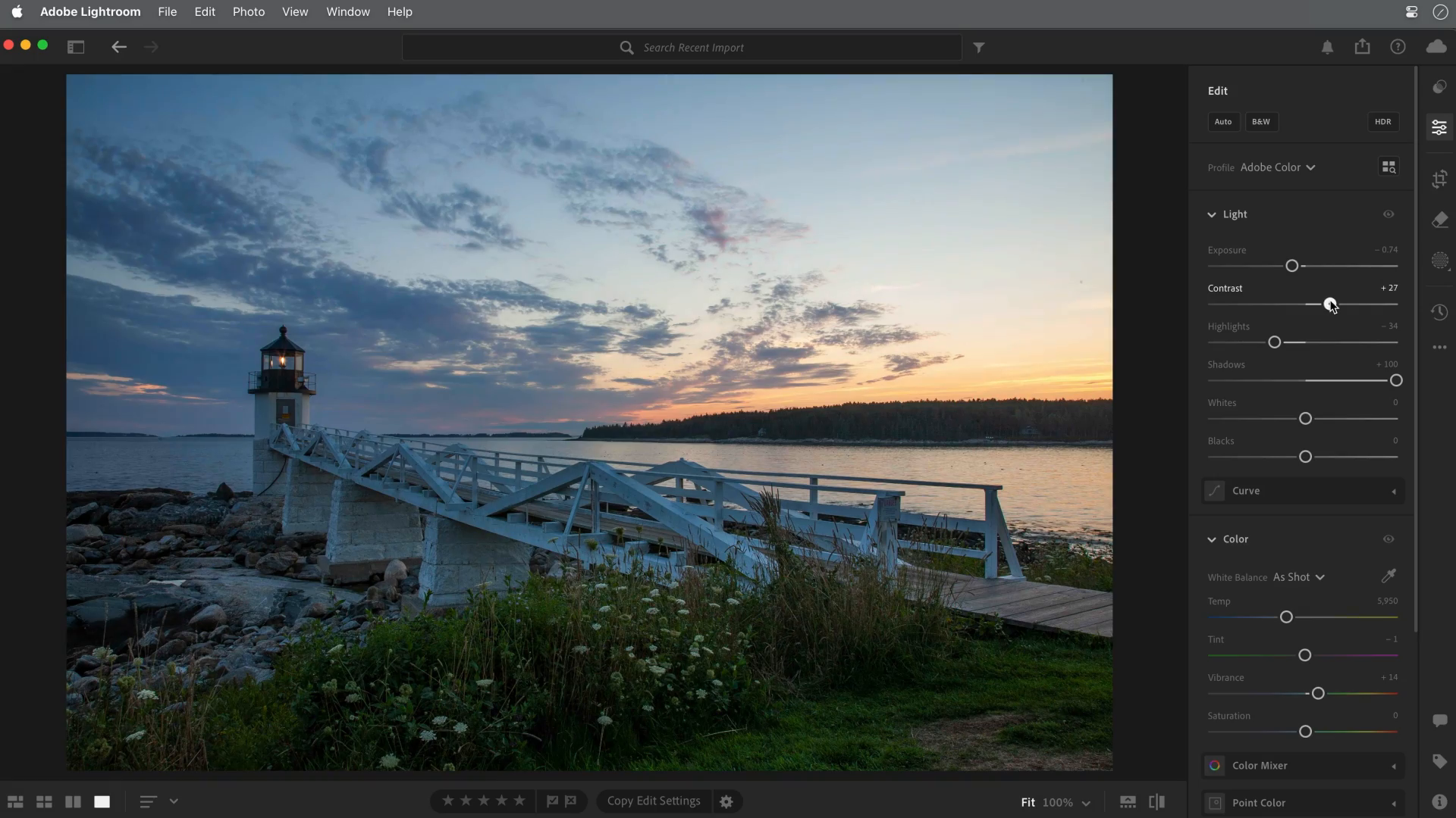 Adobe Lightroom intermediate Light panel showing Exposure minus 0.74, Contrast plus 27, Highlights minus 34 and Shadows plus 100
