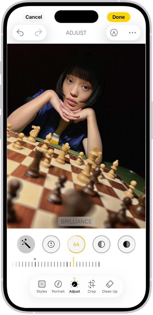 Apple Photos example showing a chess portrait with Brilliance selected at 64