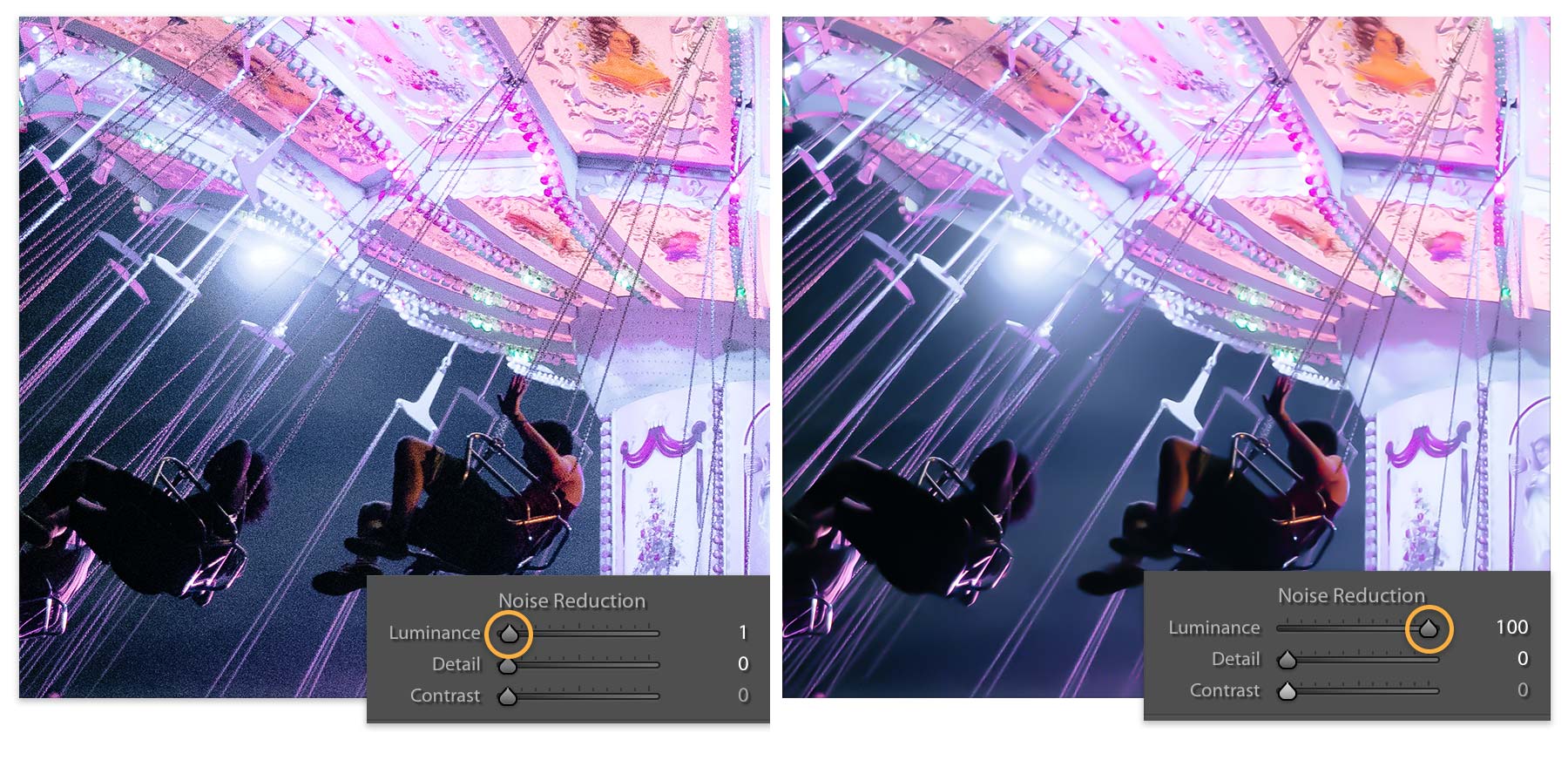 Adobe’s published night-photo comparison showing grainier texture at Luminance 1 and smoother detail at Luminance 100