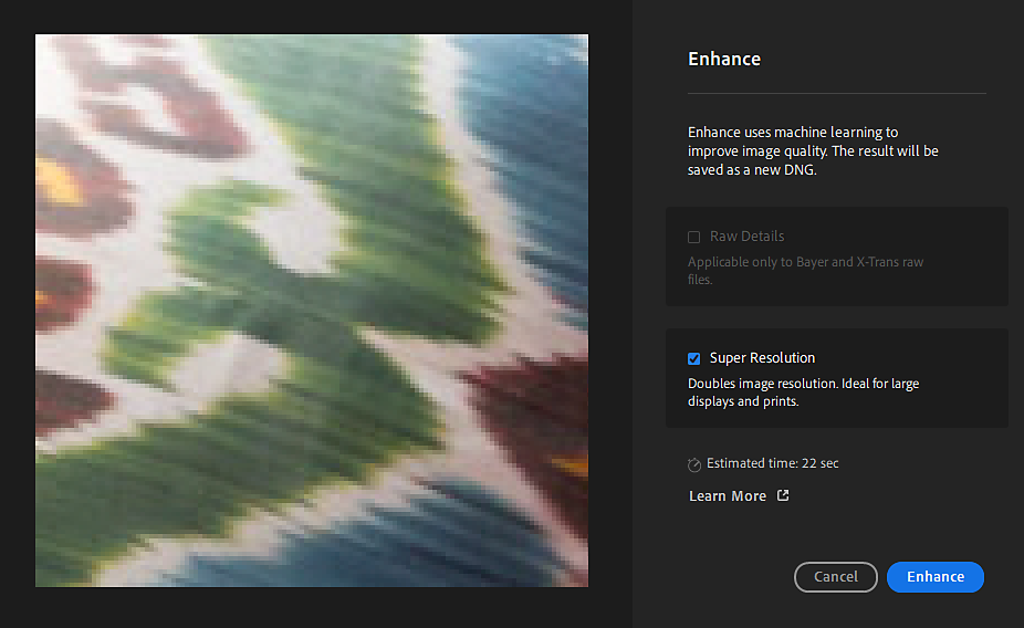 Adobe Enhance dialog with Super Resolution selected beside an enlarged photographic preview