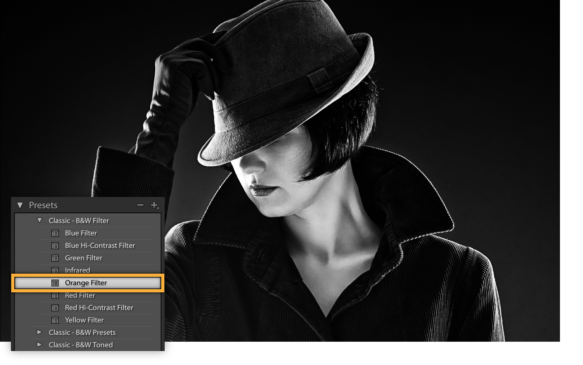 Same Adobe tutorial portrait in black and white with Orange Filter highlighted in the Classic B&W Filter presets
