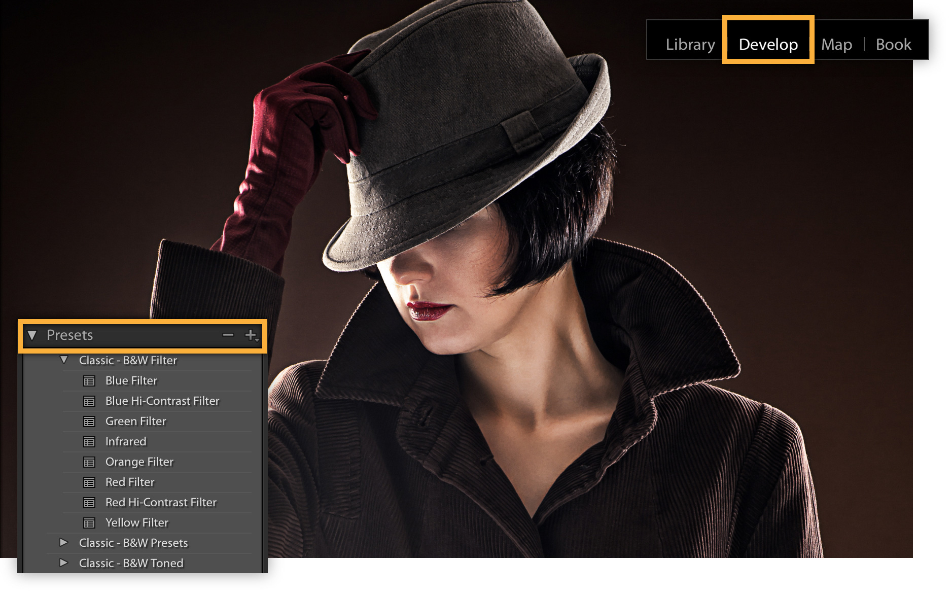 Adobe Lightroom Classic tutorial portrait in color, with the Develop module and Presets panel highlighted