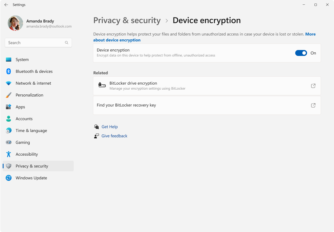 Microsoft's published Windows 11 Device encryption settings example