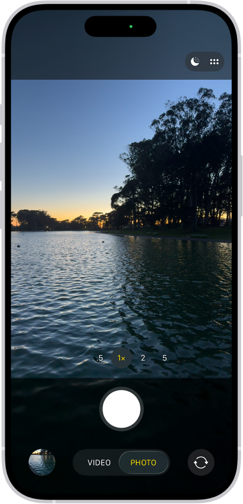 Apple Camera guide example showing a waterfront scene and a moon control in Photo mode
