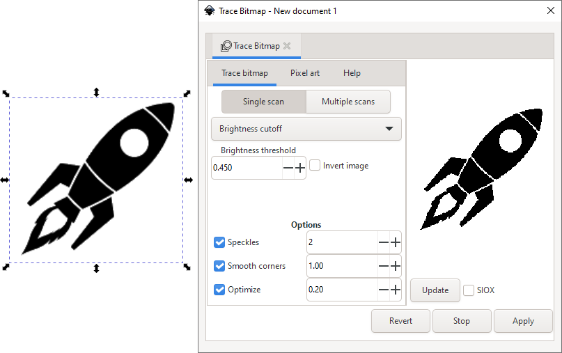 Published Inkscape Trace Bitmap dialog showing Single scan and Brightness cutoff for the rocket