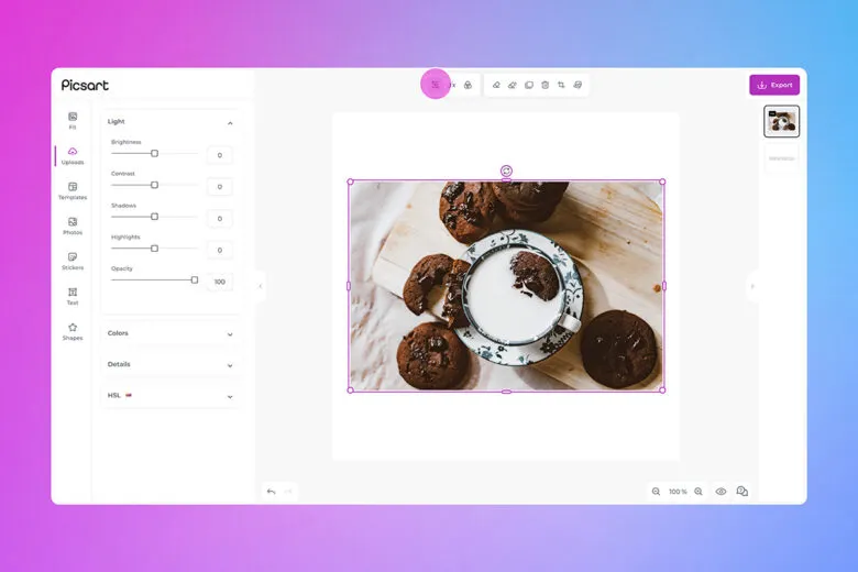 Picsart’s documented web editor with a selected food photo and brightness, contrast, shadows and highlights controls