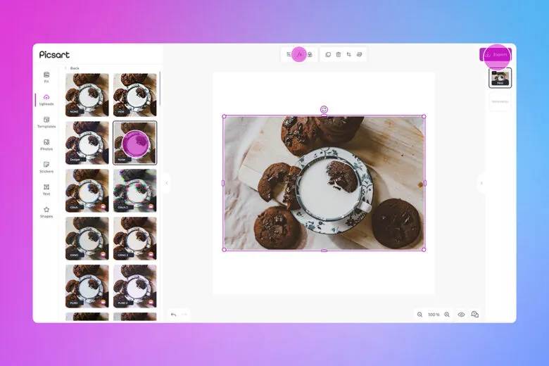 Picsart’s documented food-photo example with effects thumbnails and Export highlighted at the upper right