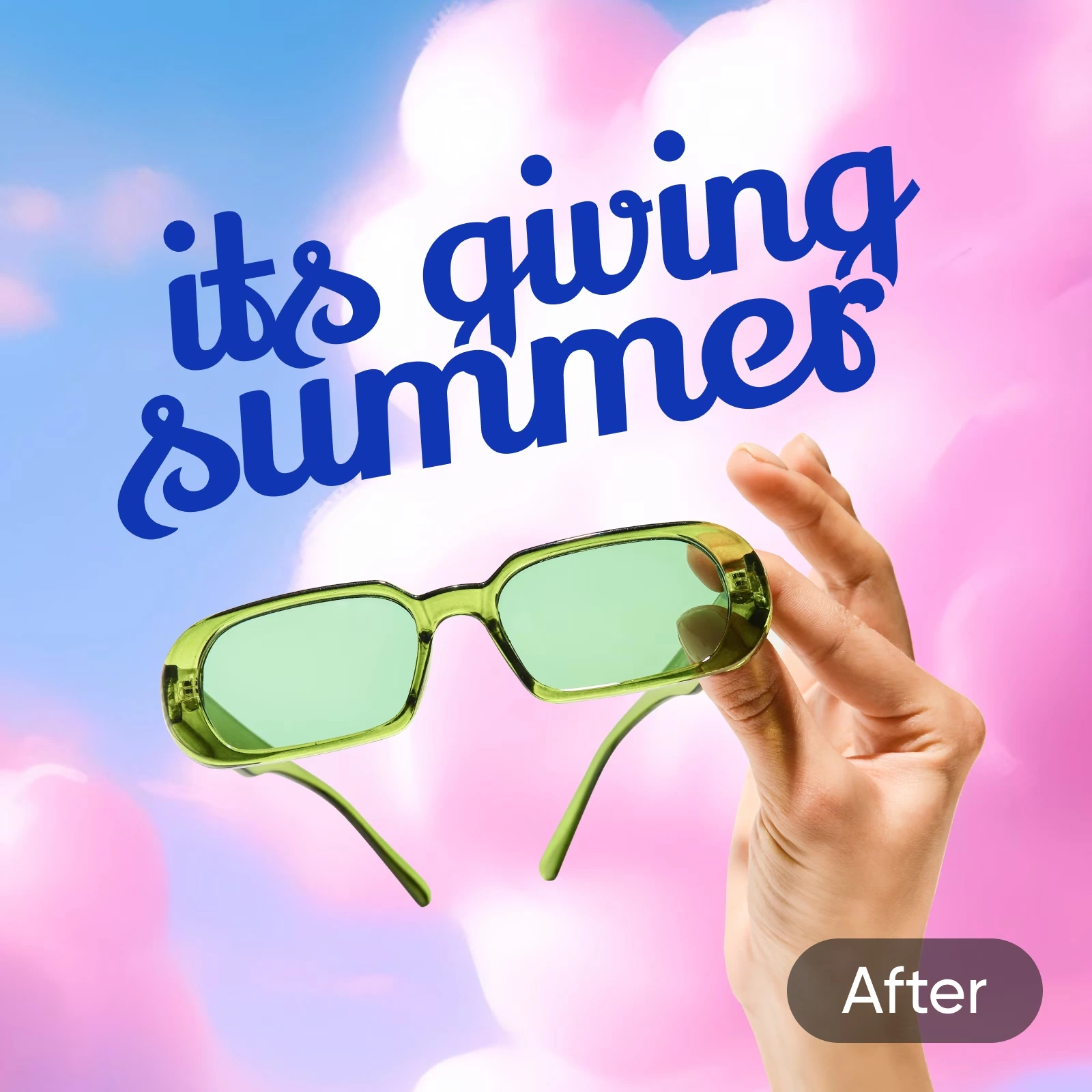 Picsart’s after example with the same sunglasses design and a large blue it’s giving summer headline above the product