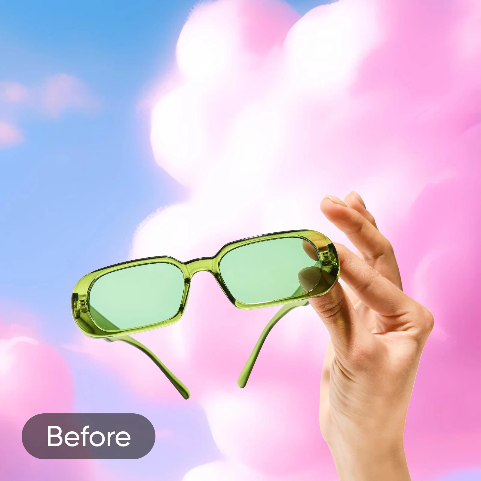 Picsart’s before example: green sunglasses held against a pink and blue backdrop without headline text
