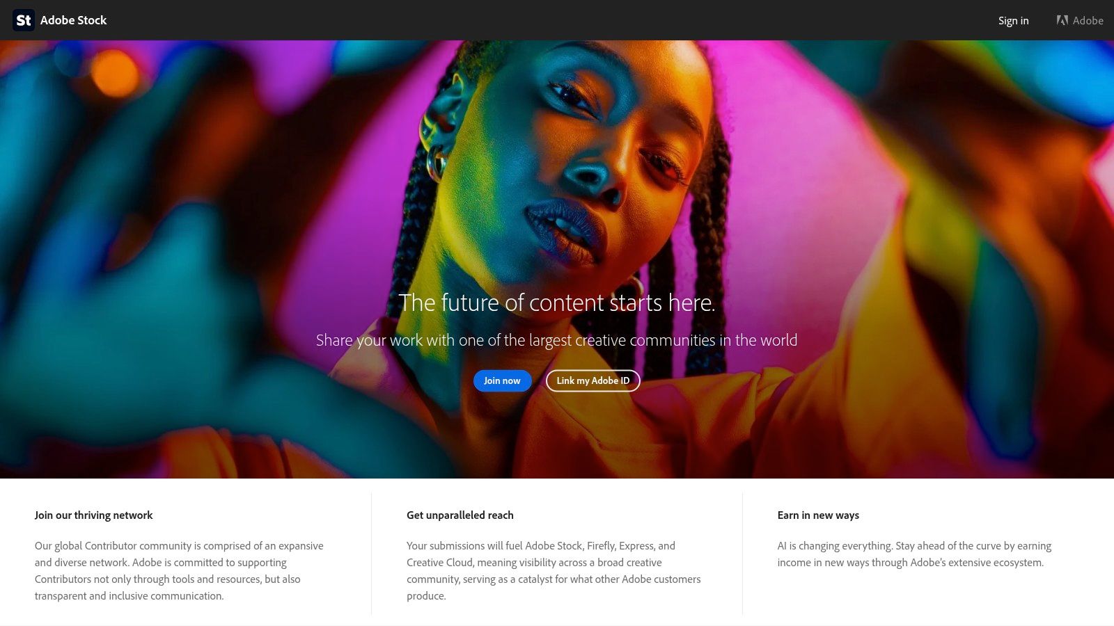 Adobe Stock contributor landing page with Join now and Link my Adobe ID buttons
