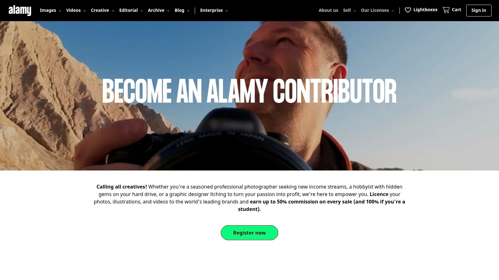 Alamy contributor page showing a photographer and an up to 50% commission message