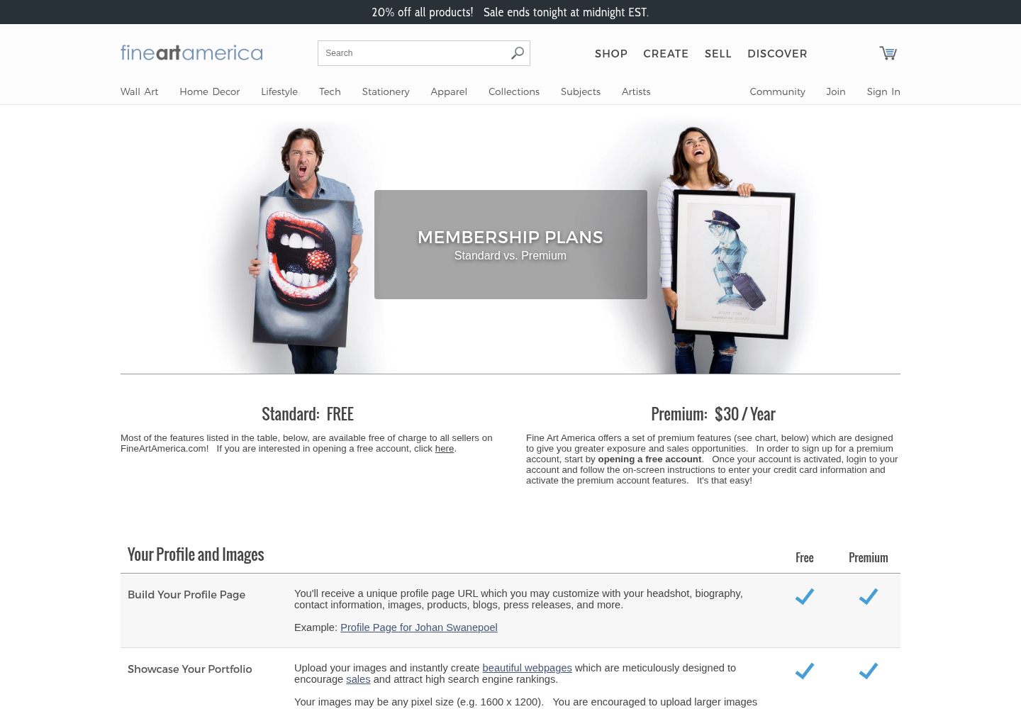 Fine Art America membership page showing Standard free and Premium $30 per year
