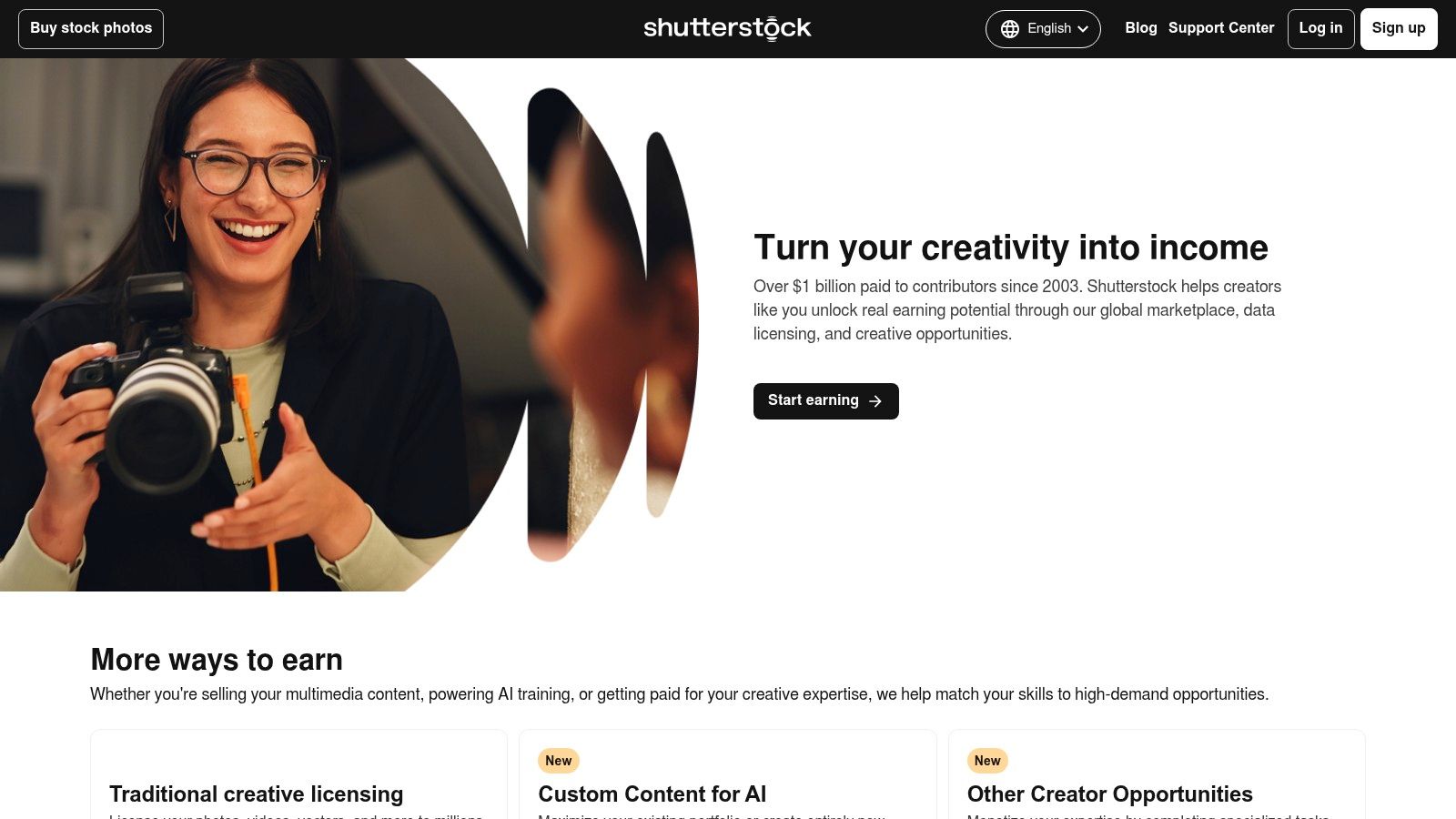 Shutterstock contributor landing page with Start earning button