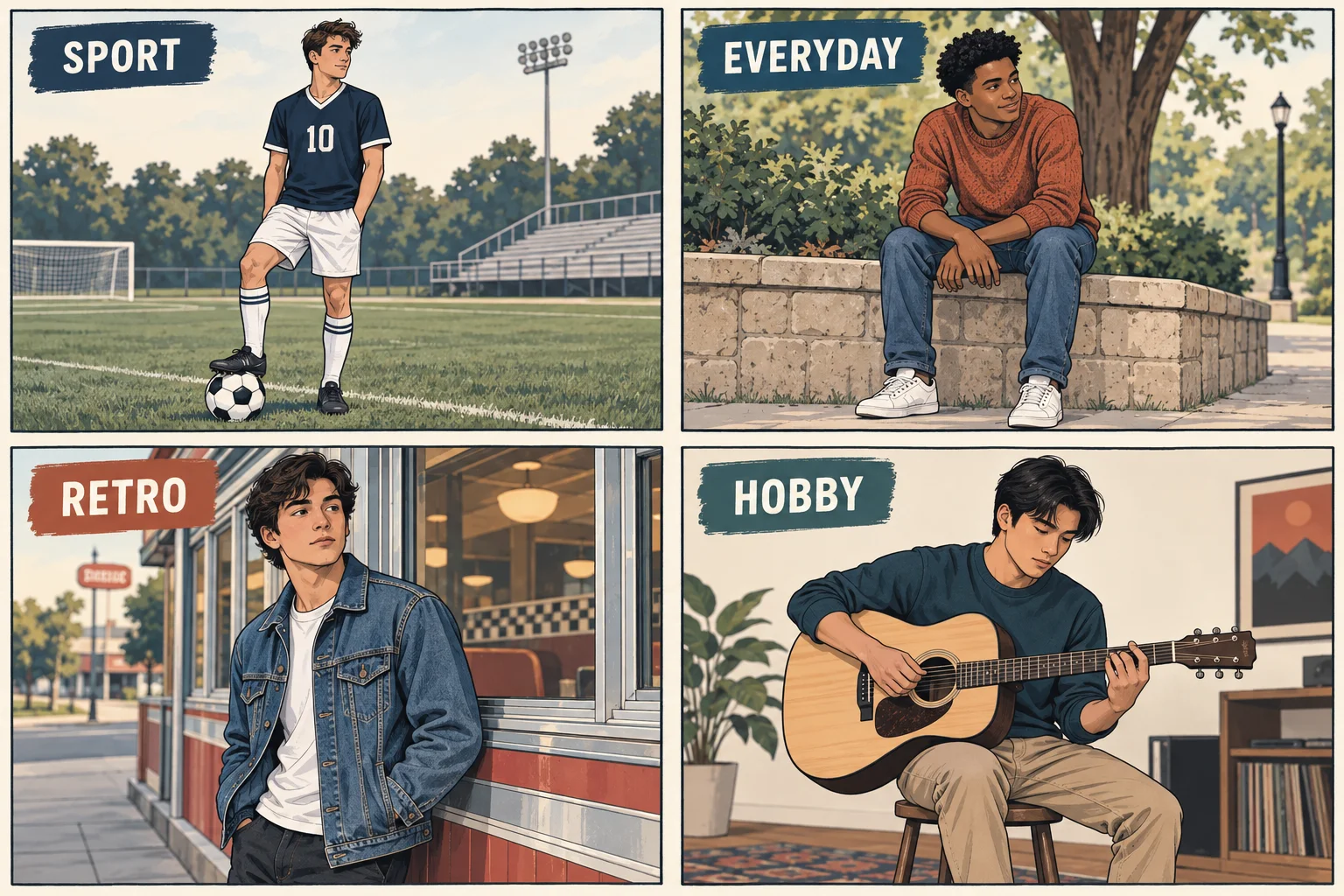 Illustrated young graduates: athlete with a ball, seated casual pose, denim jacket by a diner, and seated guitarist.