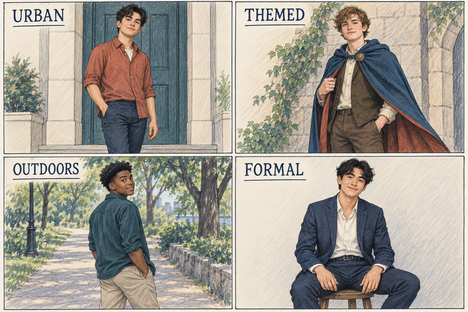 Illustrated young graduates: relaxed doorway stance, cape outfit, turn on a park path, and seated formal portrait.