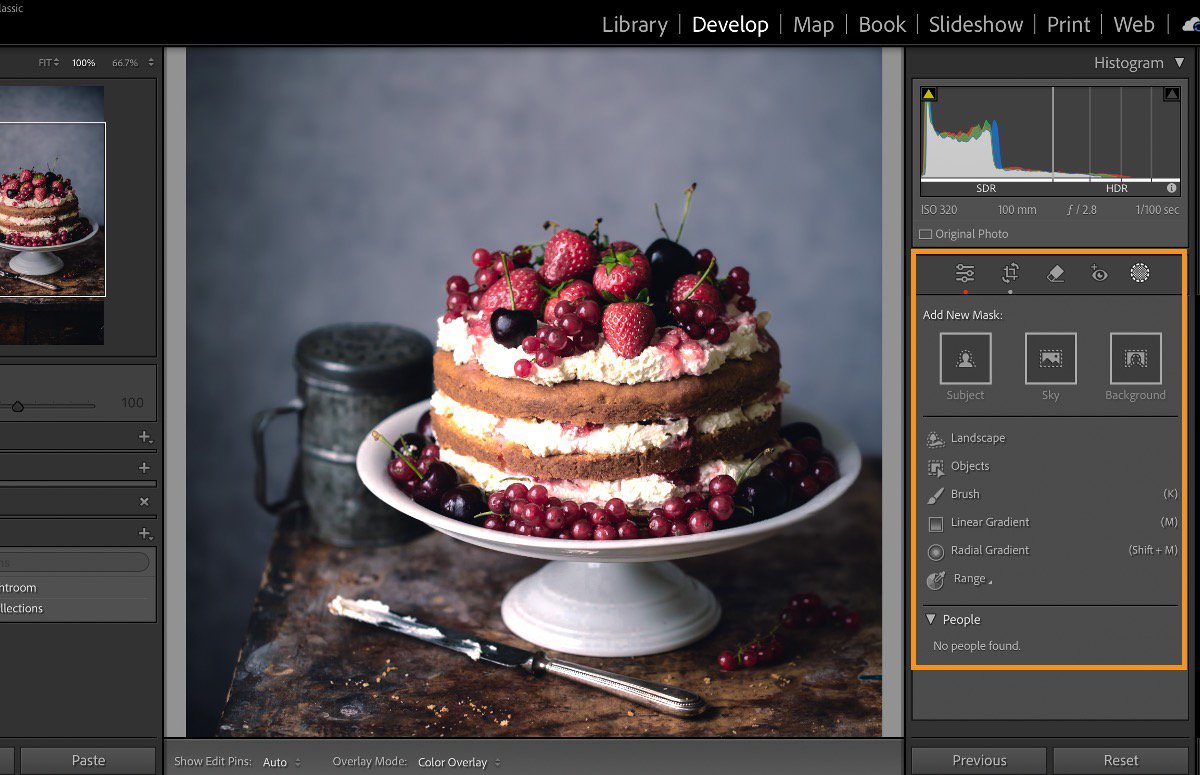 Adobe's Lightroom Classic screenshot shows the Develop module and Masking tools beside a cake photograph.