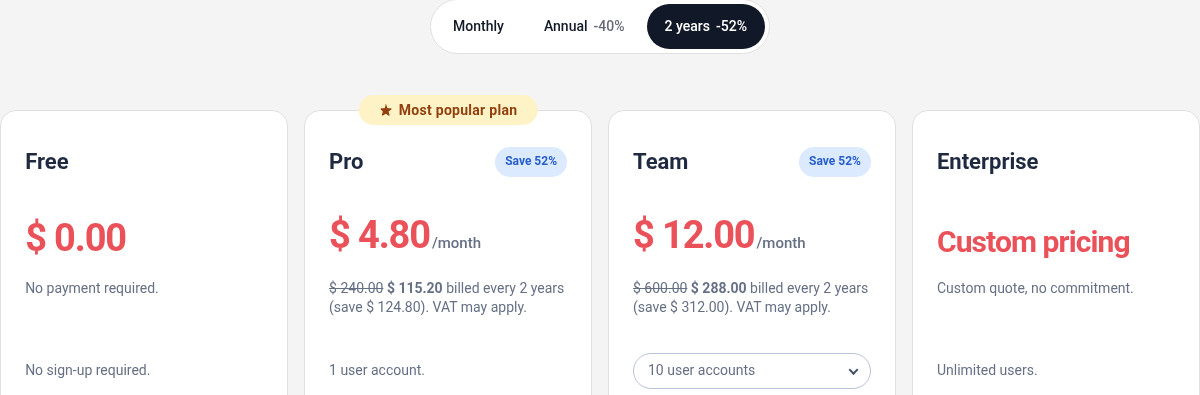 Smash's public pricing page with the two-year billing option selected, Pro at $4.80 equivalent per month and the ten-account Team offer at $12.