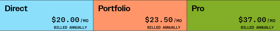 SmugMug's pricing comparison header shows Direct $20, Portfolio $23.50 and Pro $37 per month, each labeled billed annually.