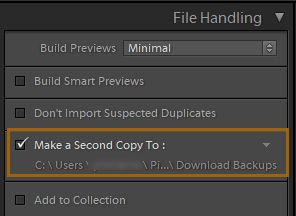 Adobe's Lightroom Classic File Handling screenshot shows Make A Second Copy To checked and a destination underneath.