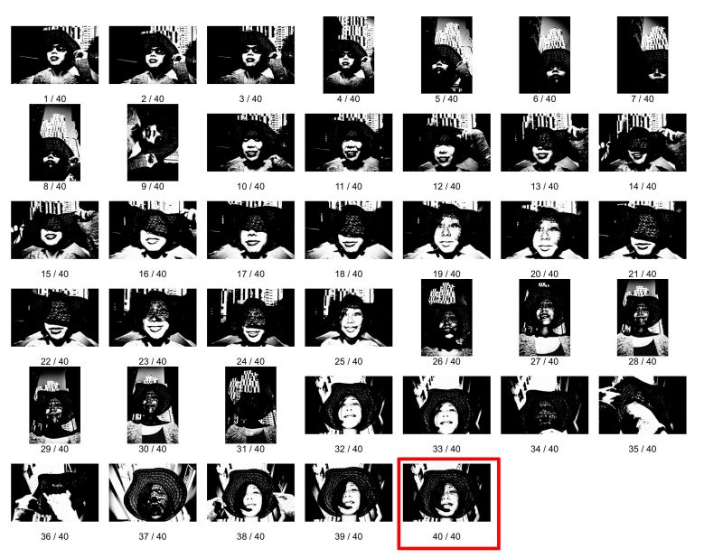 Eric Kim contact sheet showing 40 black-and-white portraits of Cindy in a hat, with frame 40 outlined in red