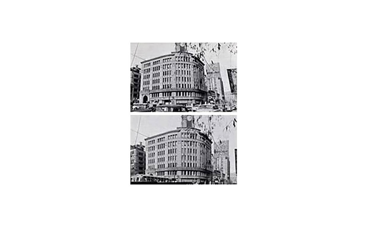 Nikon historical building comparison with converging verticals above and a shifted level-camera view below
