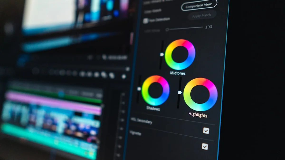 Color wheels in video editing software showing RGB controls