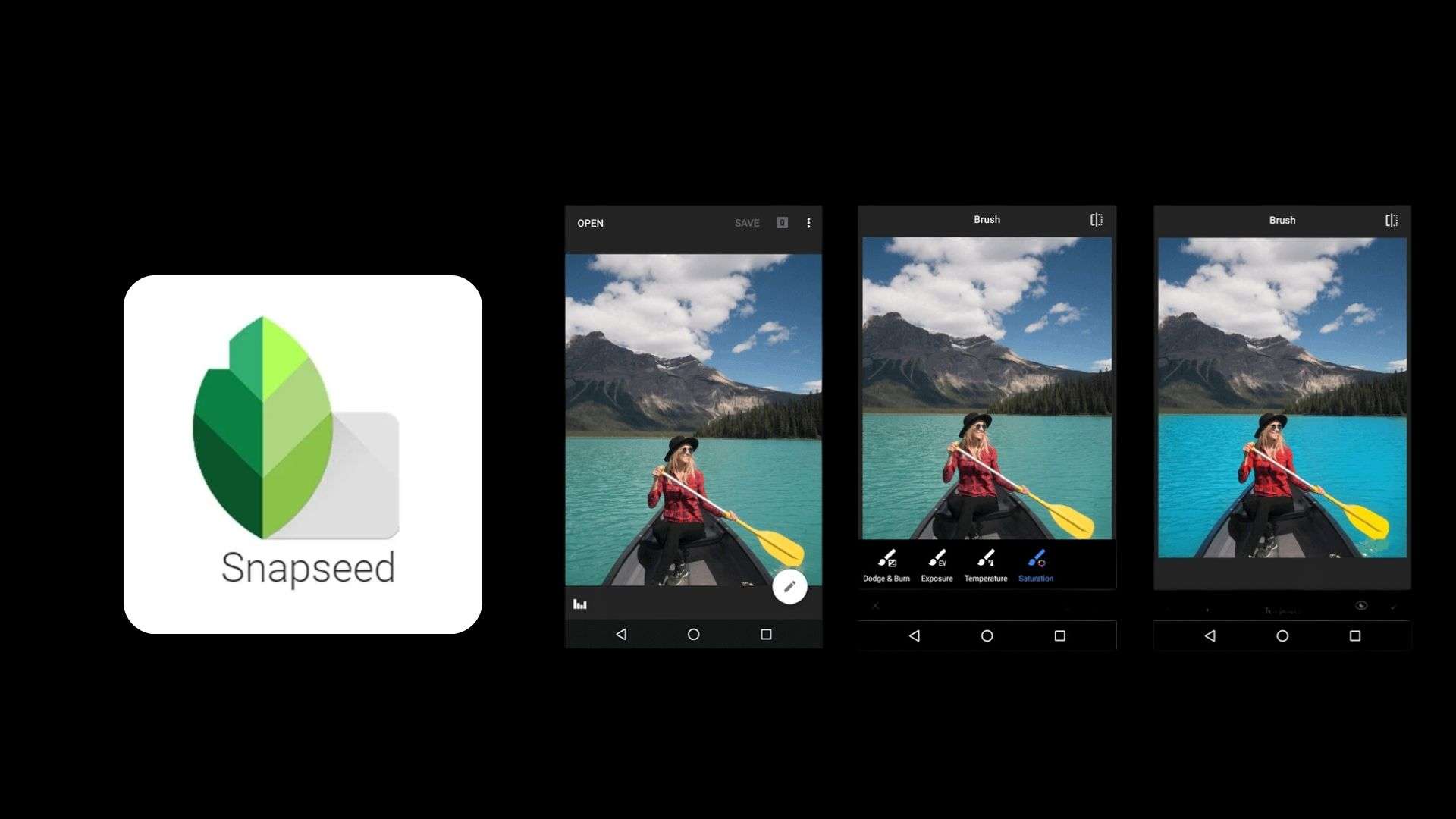 Snapseed app interface showing Brush tool with Dodge & Burn, Exposure, Temperature and Saturation controls