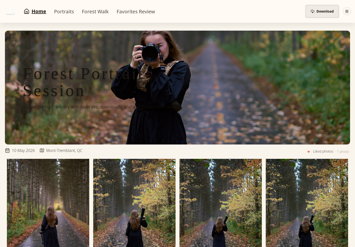 SendPhoto client gallery showing a Forest Portrait Session cover, collection navigation, liked-photo count and Download button
