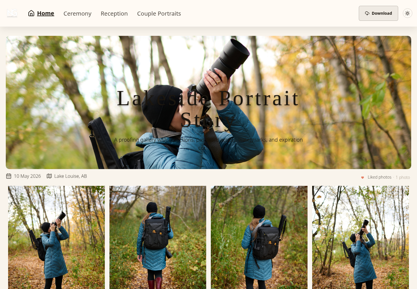 Existing SendPhoto gallery showing collection navigation, a cover photograph, a Download button, and a Liked photos control.