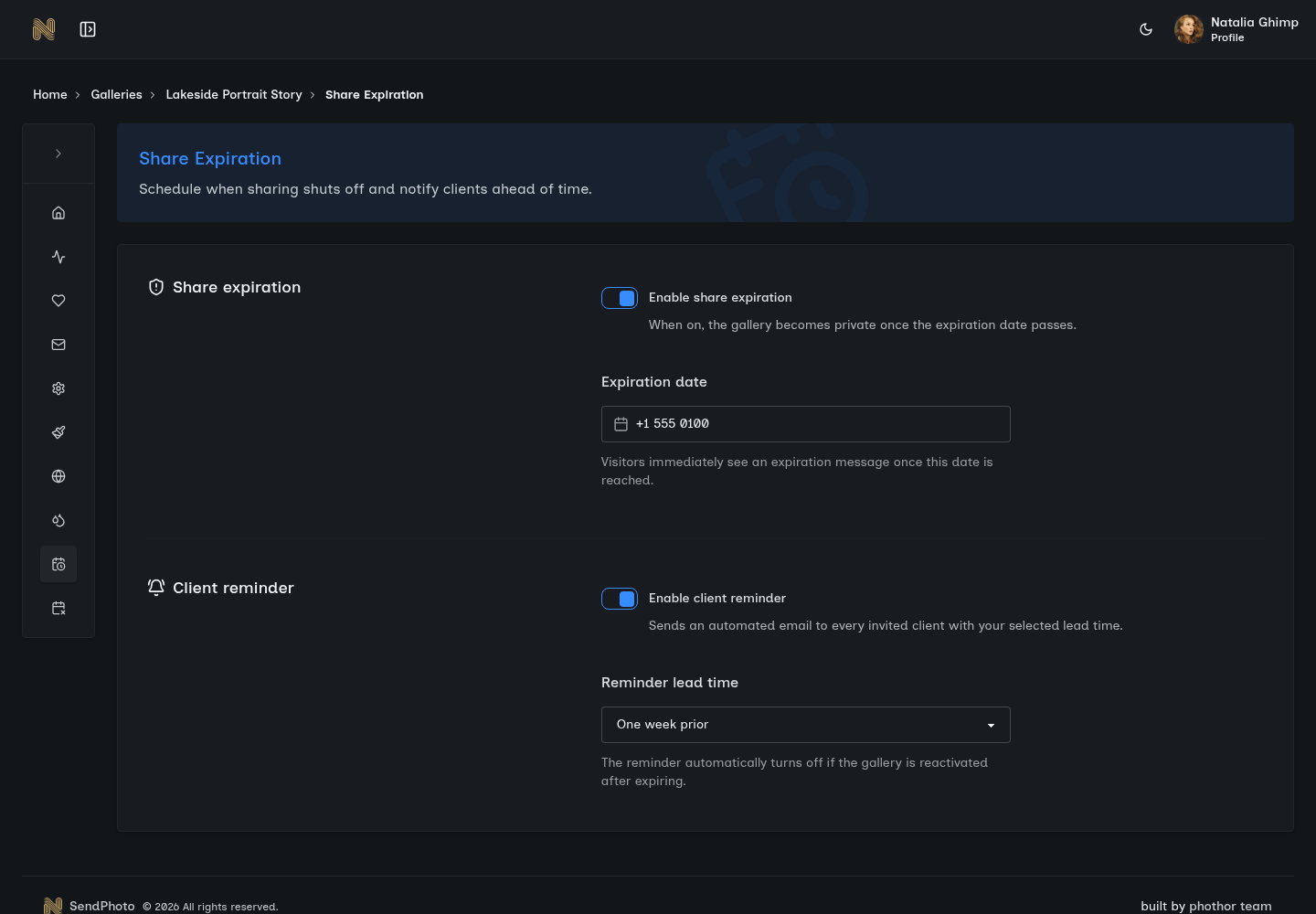 SendPhoto dashboard and account management views