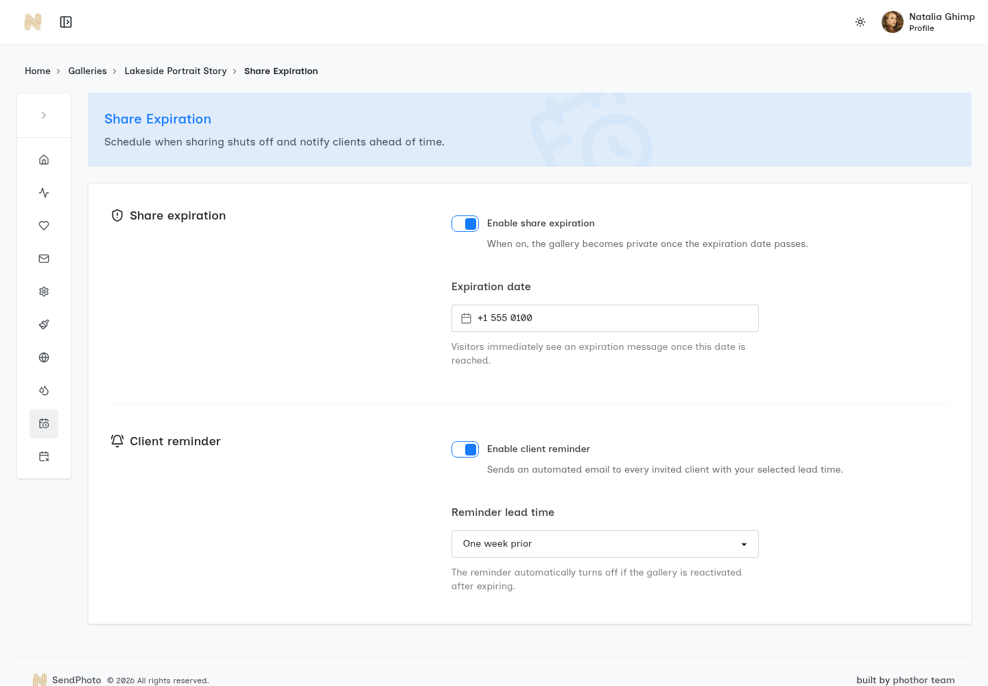 SendPhoto dashboard and account management views